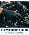Person wearing Real Deal Top Shelf Black Nitrile Gloves Box Of One Hundred Powder Free Latex Free Extra Large working on a car engine.
