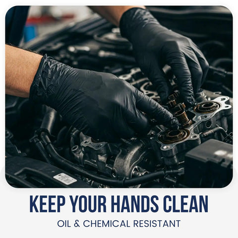Person wearing Real Deal Top Shelf Black Nitrile Gloves Box Of One Hundred Powder Free Latex Free Extra Large working on a car engine.