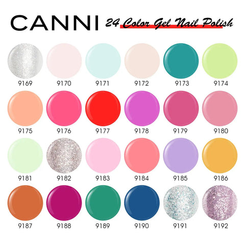 Swatches of 24 colored gel polishes including glitter, pink, and pastel shades from the 30 Color Gel Nail Polish Kit With 9ml Bottles Hema Free Soak Off UV LED Curing Long Lasting High Gloss Finish Pro Salon Feel At Home DIY Manicure Set For Spring Summer Neon Pastel Glitter Colors.