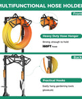 Heavy Duty Freestanding Hose Reel With Two Tool Hooks Rustproof Outdoor Hose Holder For 160 Foot Hoses front and back view