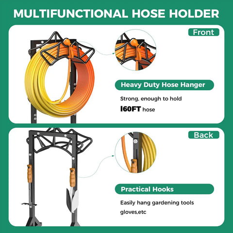 Heavy Duty Freestanding Hose Reel With Two Tool Hooks Rustproof Outdoor Hose Holder For 160 Foot Hoses front and back view