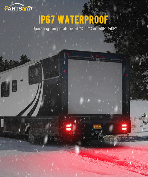 Installed Partsam wireless trailer light kit on trailer; LED tail lights glowing red in snowy scene.
