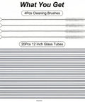 Dope 20 Piece Set Of 12 Inch Borosilicate Glass Tubes With 12 Mm Outer Diameter And 8 Mm Inner Diameter 2 Mm Thick Walls Clear Bubble Tubing For Lab Experiments Art DIY Projects Plus Four Cleaning Brushes displayed with cleaning brushes.