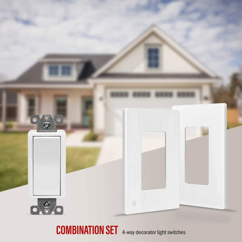 4 Way Decorator Rocker Light Switch 15A 120V 277V Gloss Finish With Ground Wire Lead Attached UL Listed Residential Commercial Grade 5 Pack Great For Hallways And Living Rooms, shown with faceplates against a house background.
