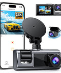 3 Channel WiFi Dash Cam With Front, Rear And Cabin Cameras, 2.5K Plus 1080P Front And Inside Footage next to smartphone app view