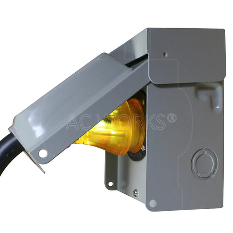 L14-30P to CS6364 50A Locking Plug Transfer Adapter With 10ft SOOW Cable connected to power box