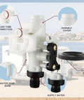 Freeze Resistant RV Toilet Water Valve Kit for Aqua-Magic V, close-up showing parts and connections with water supply barb