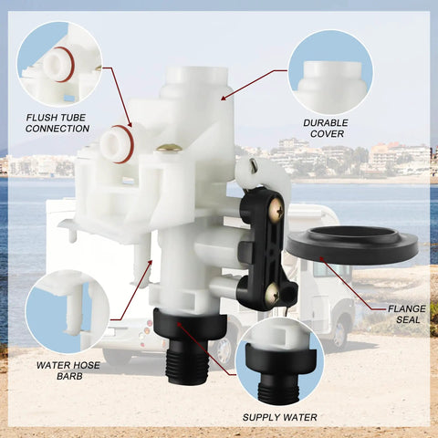 Freeze Resistant RV Toilet Water Valve Kit for Aqua-Magic V, close-up showing parts and connections with water supply barb