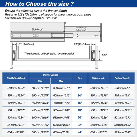 Soft Close Drawer Slides 20 Inch sizing guide with dimensions and installation instructions