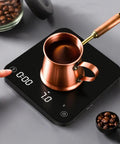 Palm Size Coffee Scale With Timer Auto Precision Espresso Scale 0.1g To 2000g shown with copper pot and coffee beans