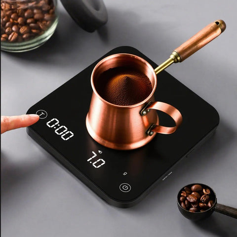 Palm Size Coffee Scale With Timer Auto Precision Espresso Scale 0.1g To 2000g shown with copper pot and coffee beans