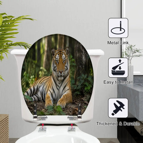 Round Tiger portrait Toilet Seat with durable resin, featuring a tiger design, installed in a modern bathroom setting.