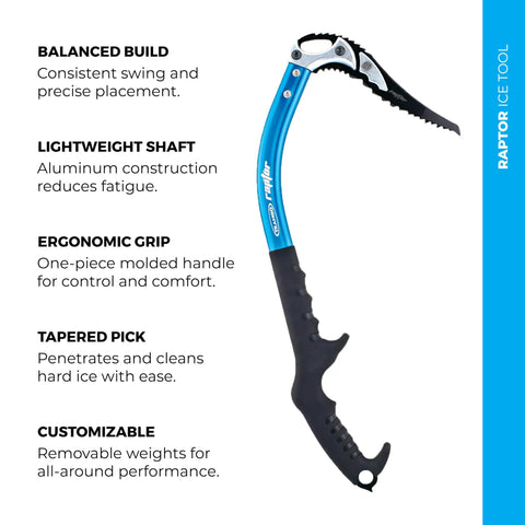 Raptor Ice Tool For Technical Ice Climbing And Mountaineering With Dope Modular Picks, blue lightweight aluminum shaft, ergonomic grip.