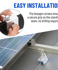 Straight Up Heavy Lifters Aluminum Standing Seam Roof Clamps securing solar panel, with M8 stainless steel fasteners ensuring stability.