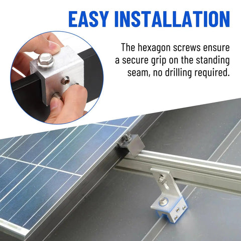 Straight Up Heavy Lifters Aluminum Standing Seam Roof Clamps securing solar panel, with M8 stainless steel fasteners ensuring stability.