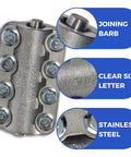 Fast In-Field Hydraulic Hose Repair Clamp For Leaks 1/2 Inch High-Pressure Hose Patch showing joining barb, size, stainless steel.