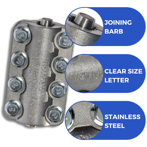 Fast In-Field Hydraulic Hose Repair Clamp For Leaks 1/2 Inch High-Pressure Hose Patch showing joining barb, size, stainless steel.