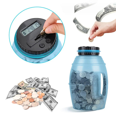 Ultra Large Digital Coin Bank With LCD Counter For All US Coins, 2.8L Capacity Money Jar That Holds Over 2000 Coins, Battery Powered Coin Jar For Adults, Easy Readout, Blue