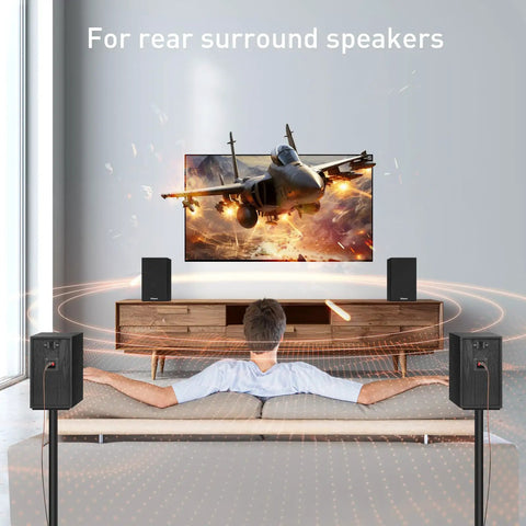 Living room setup with Passive Bookshelf Speakers With 4 Inch Woofer And 1 Inch Silk Tweeter, black, for surround sound.