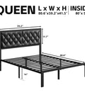 Queen Platform Bed Frame With Swanky PU Leather Upholstered Headboard And Plush Memory Foam Backrest Heavy Duty Metal Slat Support Hidden Underbed Storage No Sweat Setup Black with dimensions and slat base view.