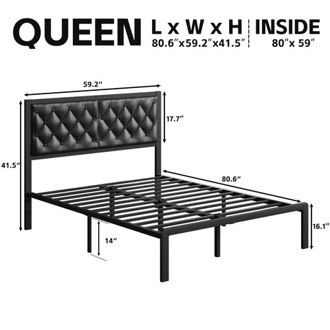 Queen Platform Bed Frame With Swanky PU Leather Upholstered Headboard And Plush Memory Foam Backrest Heavy Duty Metal Slat Support Hidden Underbed Storage No Sweat Setup Black with dimensions and slat base view.