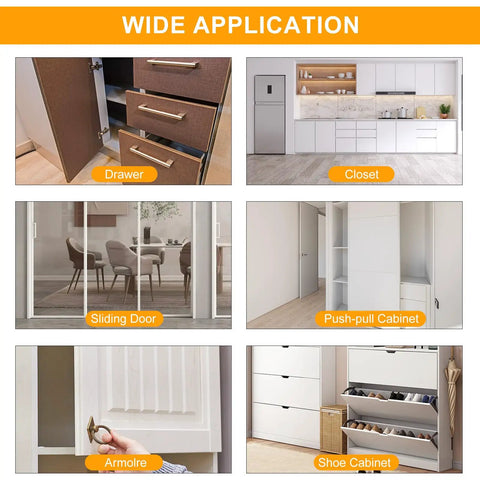 Image showing various uses for Ultra Thin Magnetic Catch For Cabinets Pack Of 8, including drawers, closets, and sliding doors.
