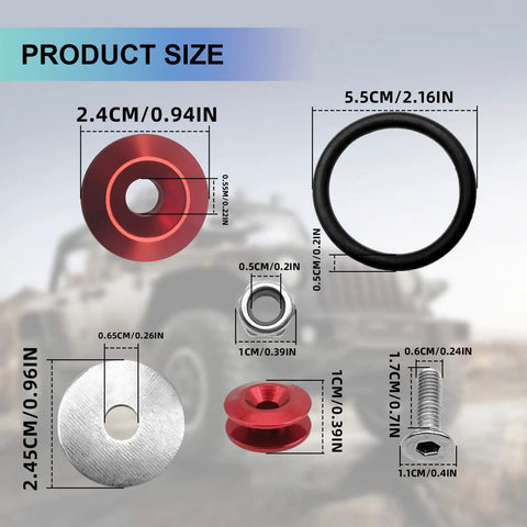 Product size chart for Universal Bumper Quick Release Fastener Kit For Front And Rear Bumpers, Trunk And Luggage Compartment Clips