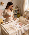 Mother with crib featuring 4 Piece Bed Rail Covers For Teething With Breathable Cotton Gauze Teething Guard Set For Baby Safety