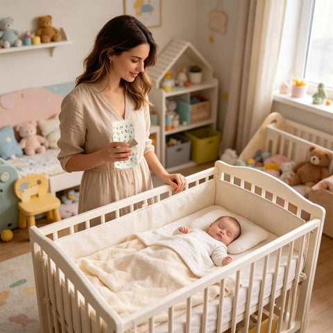 Mother with crib featuring 4 Piece Bed Rail Covers For Teething With Breathable Cotton Gauze Teething Guard Set For Baby Safety