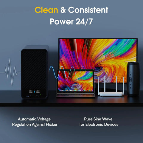 LiFePO4 Powered UPS Battery Backup And Surge Protector With 1500 VA And 1200 W Output on desk with devices, gray color