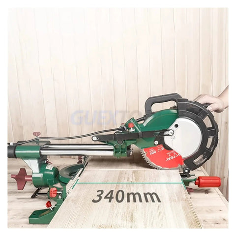 Rock Solid Sliding Miter Saw With Smooth Push Pull Glide And Laser Track On Built Tough Aluminum Base For Dead Center Cuts Up To 340Mm Wide.