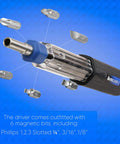 Magnetic 6-In-1 Screwdriver Multi Tool With Auto Loading Barrel, showing bits and ergonomic handle on blue background