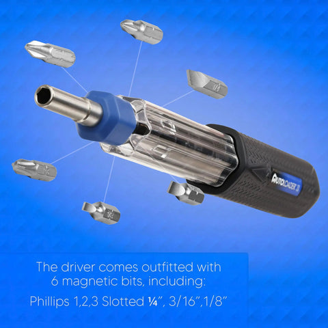 Magnetic 6-In-1 Screwdriver Multi Tool With Auto Loading Barrel, showing bits and ergonomic handle on blue background
