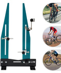 Portable Wheel Truing Stand for MTB and Road Bikes, pro-grade rim alignment tool in high carbon steel with cyclists shown.