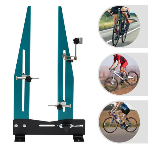 Portable Wheel Truing Stand for MTB and Road Bikes, pro-grade rim alignment tool in high carbon steel with cyclists shown.