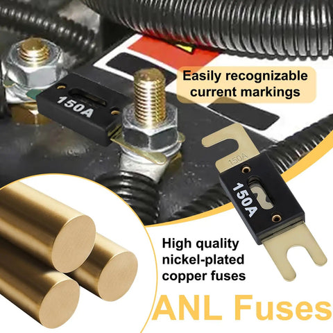 3 Pack Premium 250 Amp ANL Blade Fuse Heavy Duty Automotive And Marine Electrical Protection, featuring 150A fuse and nickel-plated copper.