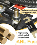 Heavy Duty Tough As Nails 3 Pack 50 Amp 32 Volt ANL Blade Fuses For Cars Boats And Rock Solid Audio Gear With Copper Nickel Plated Housing installed in fuse holder showing 150A rating.