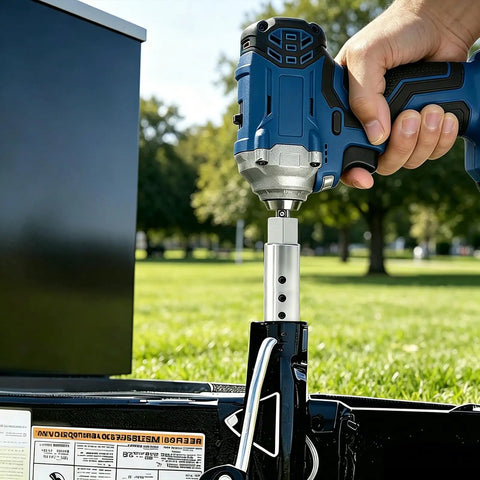 Heavy Duty Trailer Jack Drill Adapter For 1 Inch Shaft Rock Solid 316 Stainless Steel Build installed on jack with cordless driver.
