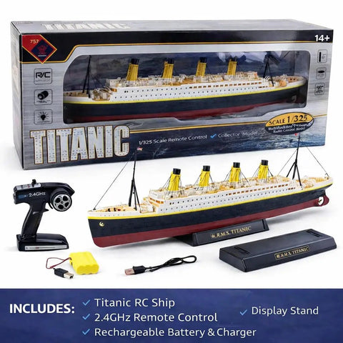 32 Inch Remote Control Titanic Boat With LED Lights And 2.4 GHz Radio Large RC Cruise Ship box, remote, battery, and display stand