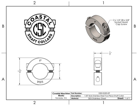Technical drawing of Two Piece Split Shaft Collar With 1.00 Inch Bore Clamping Stainless Steel 303 Grade Includes Screws 1 Pack