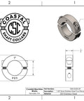 Premium 303 Stainless Steel Split Shaft Collars, 1.0 Inch Bore, shown with dimensions and details for two-piece design.