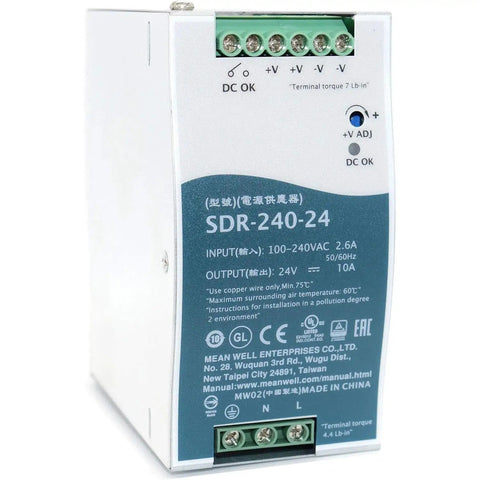 Heavy Duty Rock Solid 240 Watt 24 Volt 10 Amp Din Rail Industrial Power Supply For PLC Machinery viewed from the side showing terminals.