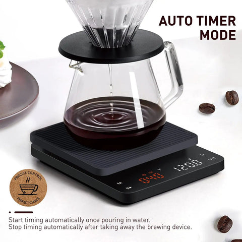 Precision Coffee Scale With Timer For Pour Over And Espresso, 0.1g High Precision Kitchen Scale in use with coffee carafe