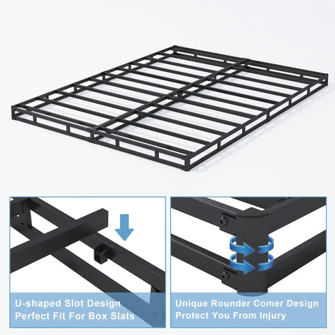 Rock Solid Heavy Duty 3 Inch Low Profile Full Size Box Spring Replacement Mattress Foundation With Built Tough Reinforced Quiet Steel Slats For Foam Or Hybrid Beds Handles 3000 Pounds showing U-shaped slot and round corner design.