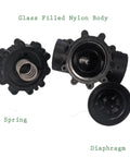One And A Half Inch Inline Electric Solenoid Irrigation Valve With 24VAC Coil And Manual Rotary Switch Flow Control disassembled body showing spring and diaphragm