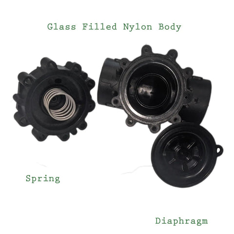 One And A Half Inch Inline Electric Solenoid Irrigation Valve With 24VAC Coil And Manual Rotary Switch Flow Control disassembled body showing spring and diaphragm