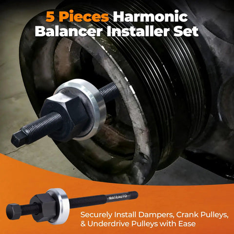 5 Piece Harmonic Balancer Installer Kit with Long Reach Adapters shown in engine installation setup