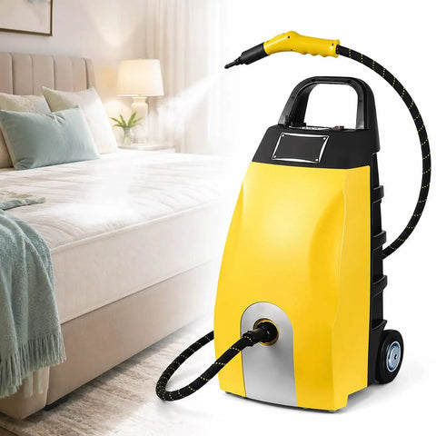 Industrial Steam Cleaner Featuring Adjustable Two Thirty Degree Heat And Seven Heavy Duty Tools That Knock Out Tough Kitchen Grease Auto Grime And Stubborn Household Marks Like Hot Butter in yellow with hose in bedroom.