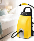 Industrial High Temp Steam Washer Boasting Hella Hot 230 Degree Vapor Output With Seven Pro Attachments To Nudge Kitchen Grease Car Grime And Stubborn Marks Right Off standing beside a bed in a well-lit room.