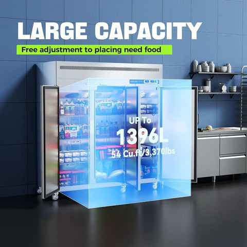Built Tough For The Daily Grind 72 Inch Wide 3 Door Commercial Refrigerator And Freezer Combo With 54 Cubic Ft Storage and adjustable shelves, large capacity storage.